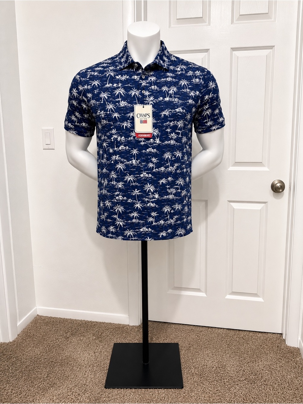 Chaps Men's Navy and White Palm-Print Polo